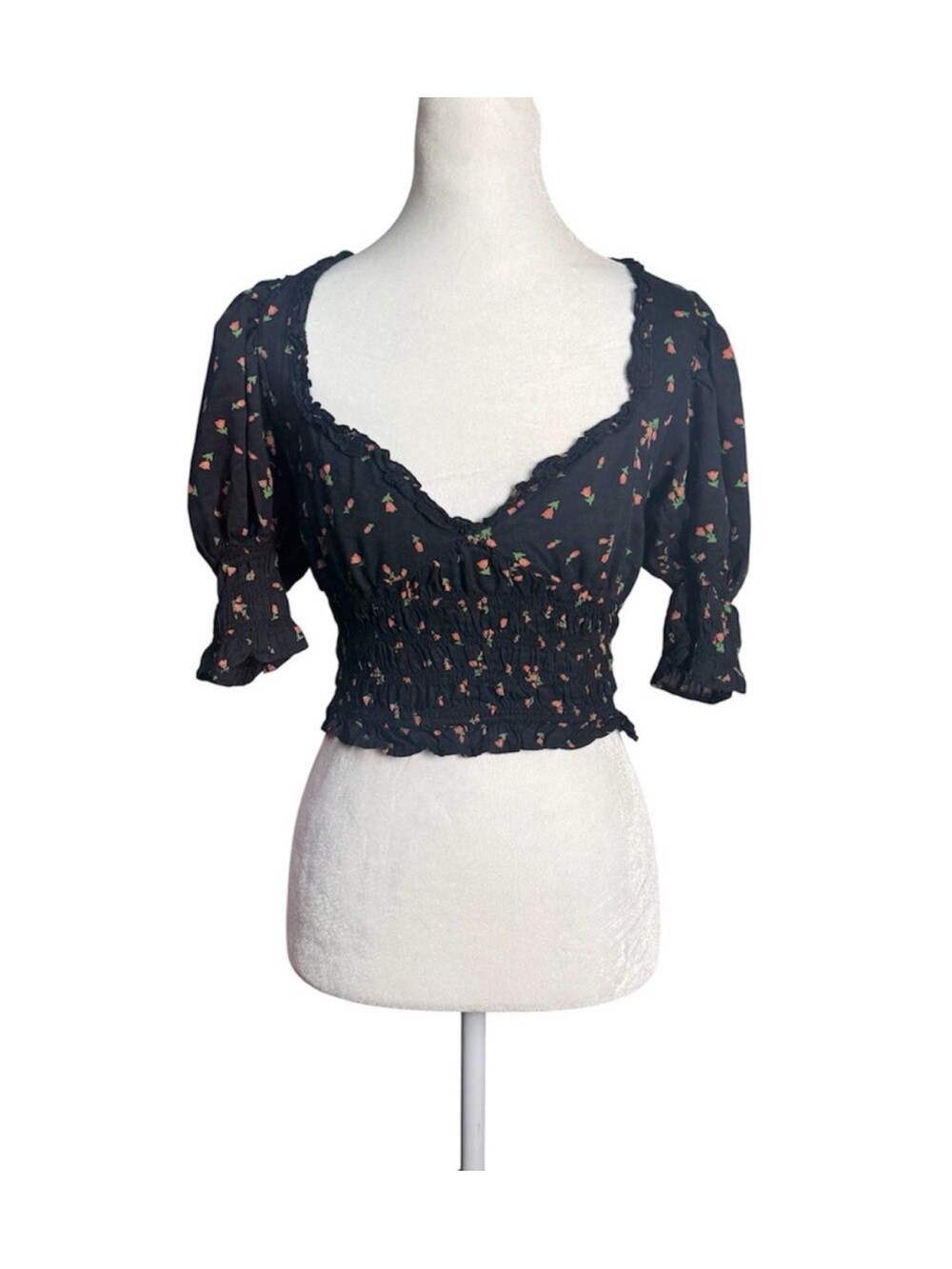 Urban Outfitters Black Floral Smocked V-Neck Crop Top